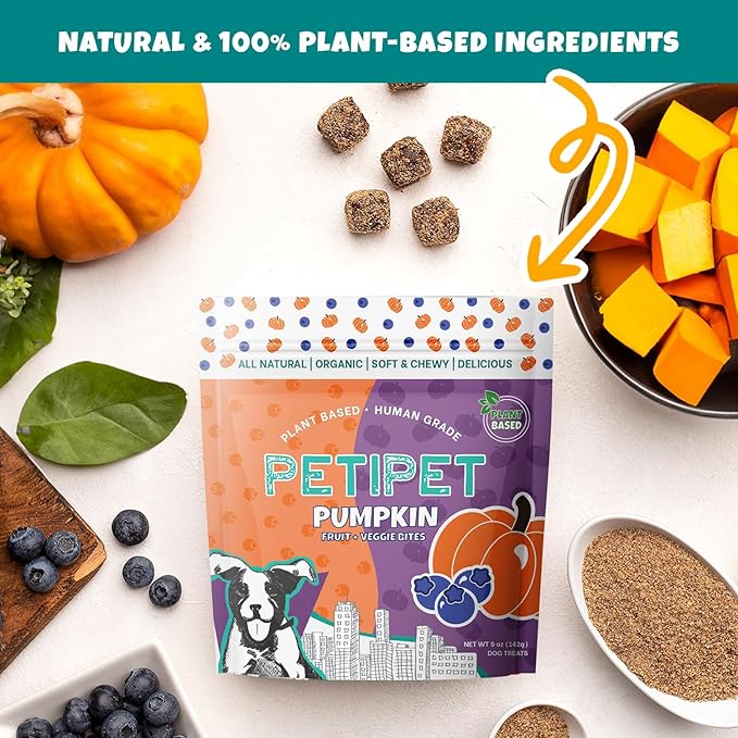 PETIPET Plant-Based Pumpkin Dog Treats - Pumpkin, Carrot, Apple, and Blueberry Soft & Chewy - Vegetarian, Vegan Dog Treats with Organic Ingredients - Low-Protein, Hypoallergenic, Gluten-Free