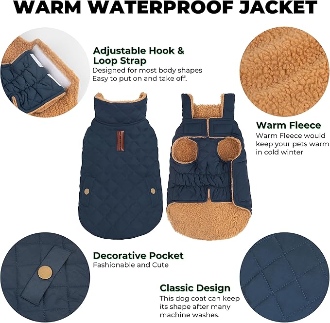Dog Coat, Warm Winter Dog Waterproof Jacket for Medium Dogs, Fleece Lined Adjustable Dogs Coats Cold Weather Windproof Doggie Snowsuit with Leash Hole, Navy X-Large