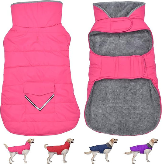 Dog Coat, Waterproof Dog Winter Jacket with Pocket, Reflective Adjustable Pet Snow Vest, Warm Cozy Fleece Sweater for Small Medium Extra Large Dogs - Pink, 2XL