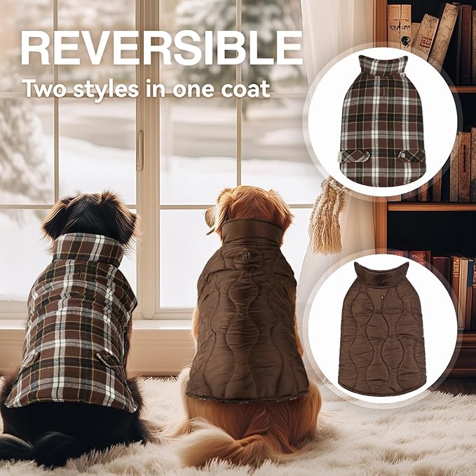 VIVAGLORY Softjoy Dog Coat, Dog Jacket for Winter & Christmas, Coat with Harness Hole & Velcro Closure, Reversible Plaid Checkered Warm Fluffy Heavy Duty for Puppy, XL, Coffee