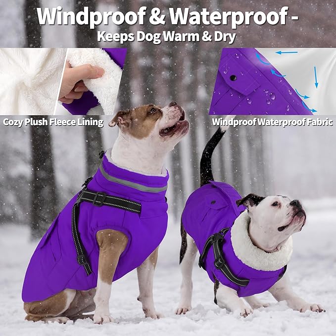 Dogcheer Dog Coat with Harness, Waterproof Warm Dog Winter Jacket with Pockets, Reflective Pet Fleece Jacket Turtleneck Snowsuit for Small Medium Large Dogs - Purple, 3XL