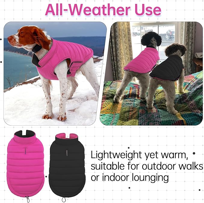 Lelepet Reversible Dog Coat Waterproof Dog Jacket Windproof Puffer Vest for Winter Warm Lightweight Coats for Small Dogs Adjustbale Hook & Loop Pet Apparel with Leash Hole, Chihuahua, Rose Red, XS
