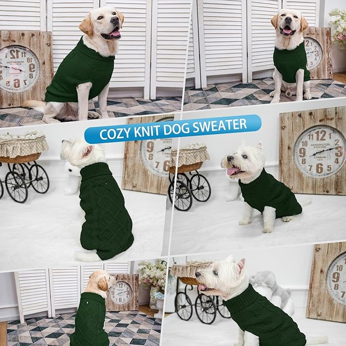 Mihachi Turtleneck Dog Sweater - Winter Coat Apparel Classic Cable Knit Clothes with Leash Hole for Cold Weather, Ideal Gift for Pet in New Year Army Green Medium