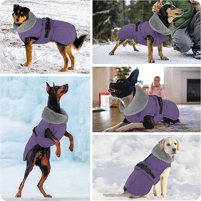 Dog Coat, Waterproof Dog Winter Jacket with Adjustable Buckle, Reflective Turtleneck Pet Snow Vest Warm Fleece Sweater for Small Medium Large Dogs - Purple, M