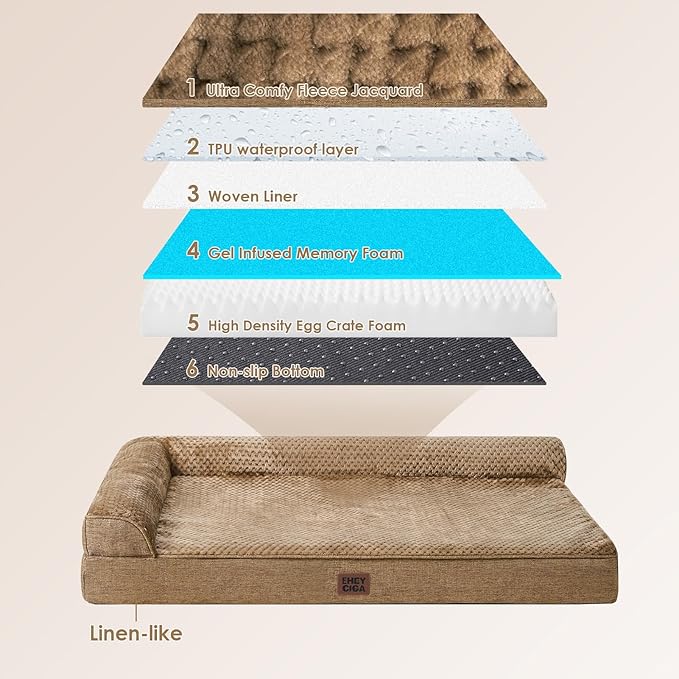 EHEYCIGA Memory Foam Dog Bed Large Sized Dogs, Pet Bed for Large Dog for Crate with Waterproof Liner, Pet Couch Bed Orthopedic with Washable Removable Cover, 35x23x6 Inches, Camel