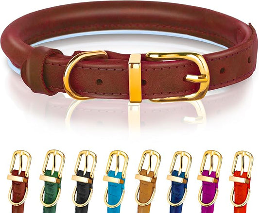 OOPSDOGGY Reflective Rolled Leather Dog Collar Adjustable Soft Padded Pet Collar for Small Medium Large Breed Dogs (Brown, S, 10"-13")
