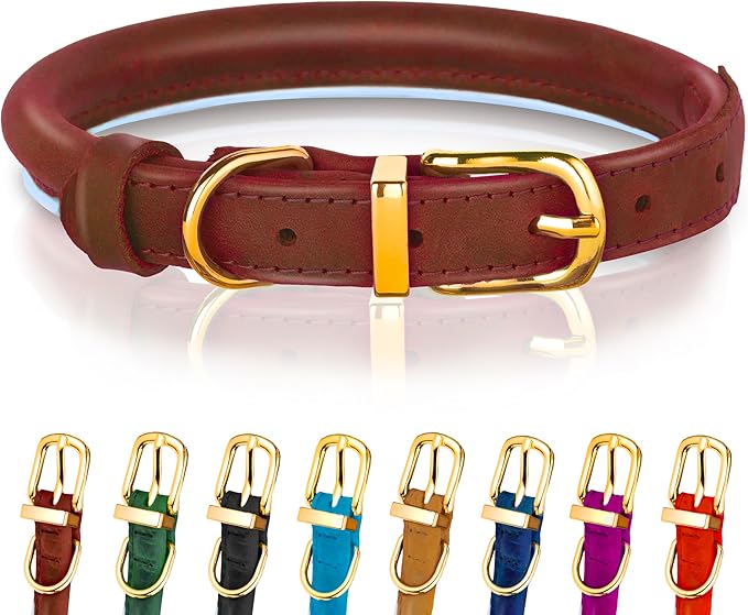 OOPSDOGGY Reflective Rolled Leather Dog Collar Adjustable Soft Padded Pet Collar for Small Medium Large Breed Dogs (Brown, XL, 17"-21")