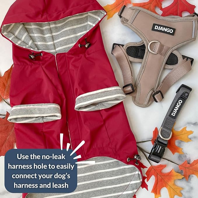 DJANGO Highland Dog Jacket & Raincoat – Water-Repellent, Lined Dog Coat with Hood, Adjustable Fit & Harness Hole – Lightweight Rain & Wind Jacket for Small & Medium Dogs up to 30 lbs (Red, Medium)