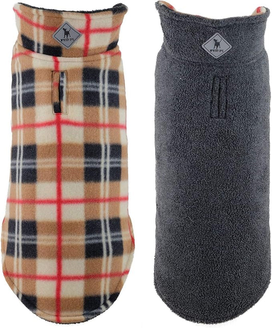 The Worthy Dog Fargo Fleece Plaid Dog Jacket, Adjustable Reversible with Harness Hole, Wind-Resistant, Winter Outdoor Clothes for Pets, Tan - 14''