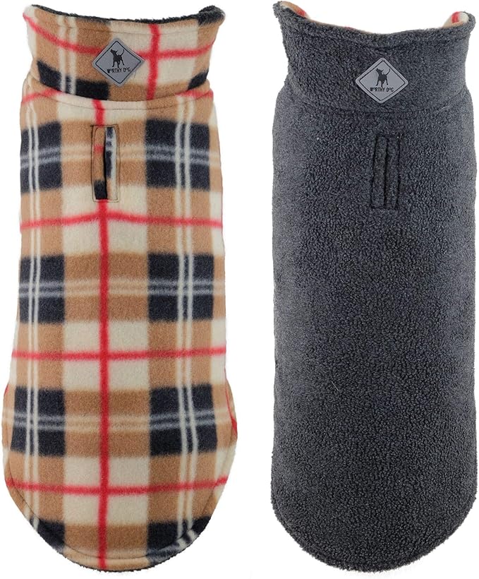 The Worthy Dog Fargo Fleece Check Dog Jacket, Adjustable Reversible with Harness Hole, Wind-Resistant, Winter Outdoor Clothes for Pets, Tan - 16''