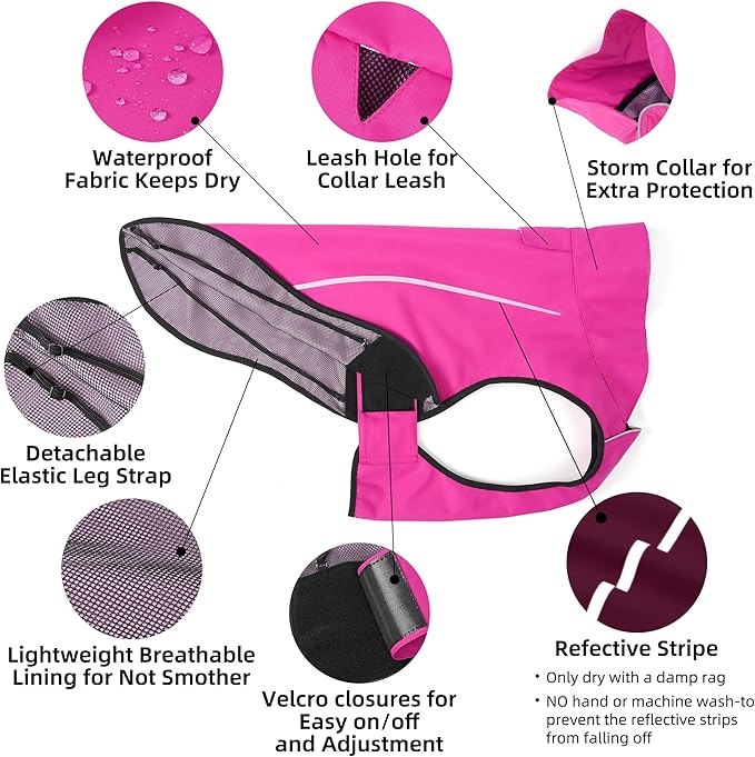Mile High Life Dog Raincoat, Adjustable Waterproof Reflective Rain Jacket for Small Medium Large Dogs, Lightweight Breathable Pet Rain Coat with Leash Hole(Hot Pink,S Chest 22-25")