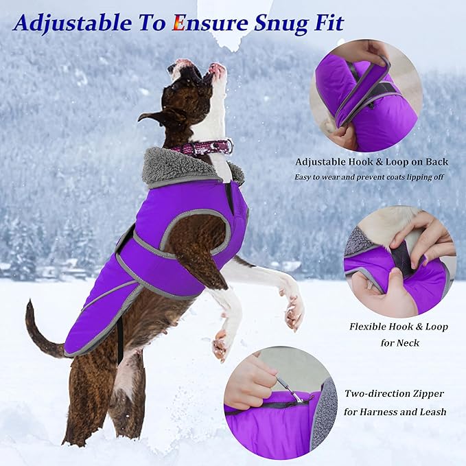 Dogcheer Dog Coat, Waterproof Dog Jacket Reflective Pet Winter Coat with Adjustable Hook & Loop, Christmas Puppy Fleece Jacket Warm Turtleneck Snowsuit for Small Medium Large Dogs - Purple, XL
