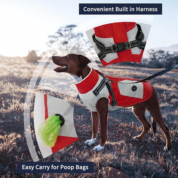 IECOii Winter Waterproof Dog Coats - Zip Up Fleece Jacket for Dogs, Red, XLarge