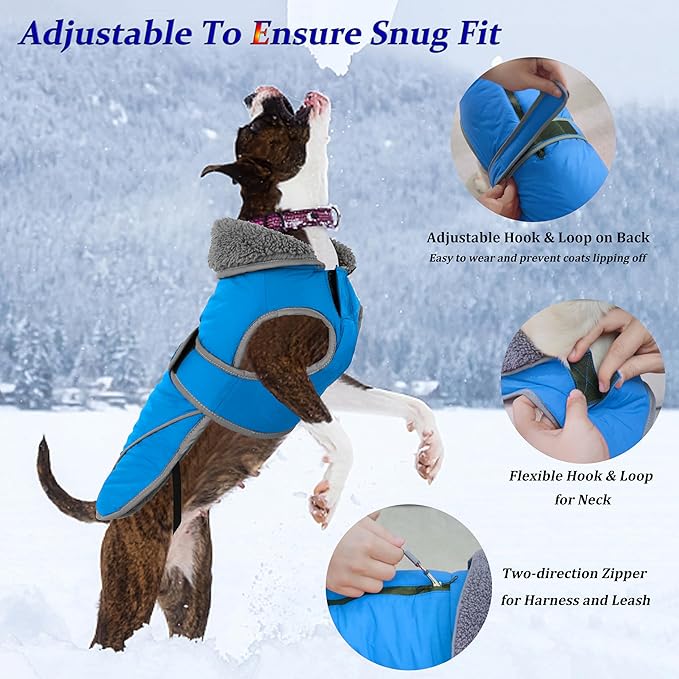 Dogcheer Dog Coat, Waterproof Dog Jacket Reflective Pet Winter Coat with Adjustable Hook & Loop, Christmas Puppy Fleece Jacket Warm Turtleneck Snowsuit for Small Medium Large Dogs - Sky Blue, 3XL