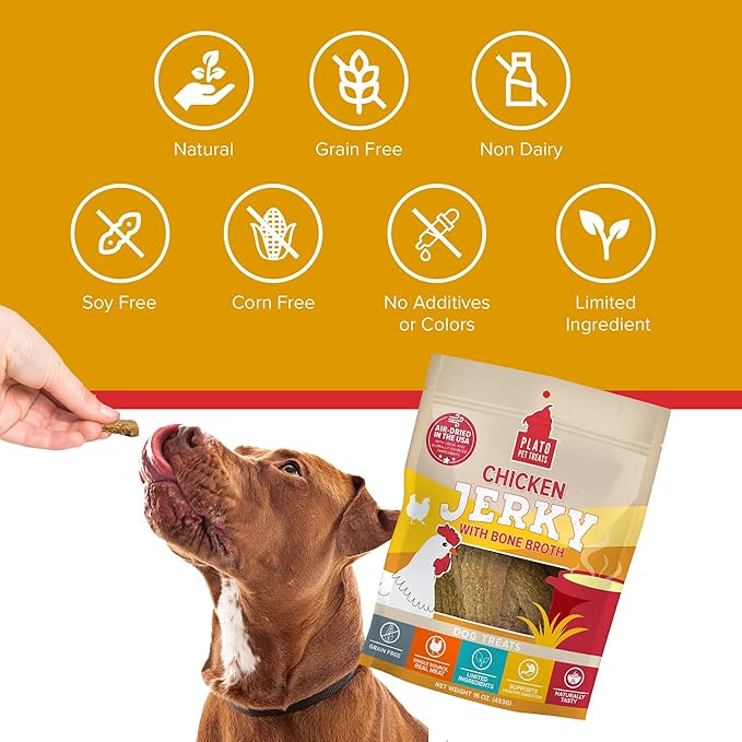 PLATO Pet Treats Jerky Dog Treats - Air-Dried Jerky for Dogs - Delicious, Real Meat Dog Treats - Grain Free - Supports Healthy Digestion - Chicken Jerky with Bone Broth 7oz
