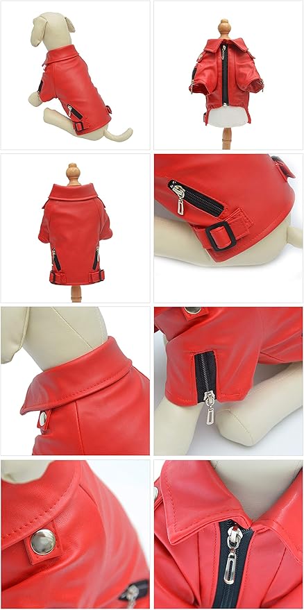 Lovelonglong Cool Dog Leather Jacket, Warm Coats Dogs Windproof Cold Weather Coats for Large Medium Small Dogs, Bichon Clothing Red XL