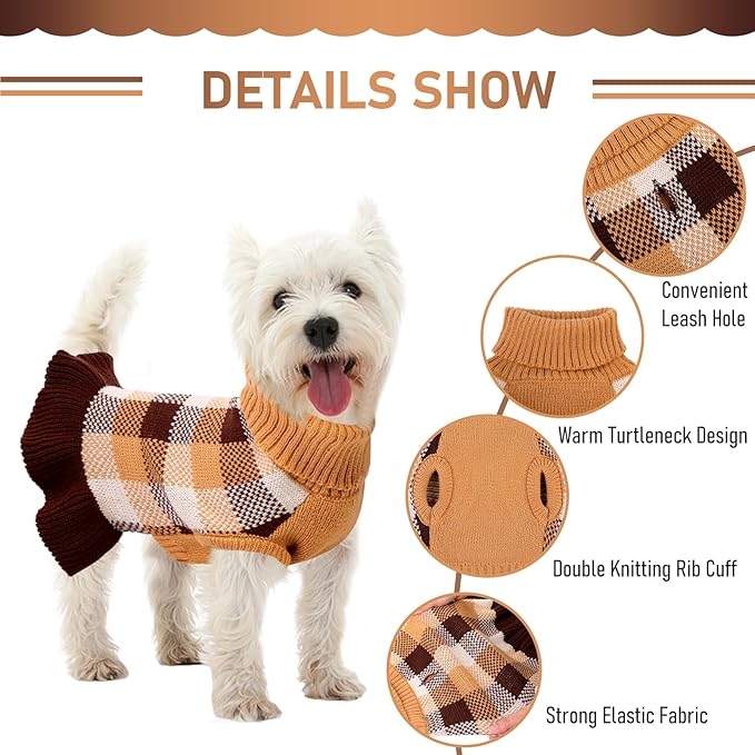 Dog Sweater Dress Plaid Knitwear for Small Medium Dogs Warm Puppy Pet Turtleneck Stretch Pullover Cute Fall Winter Vest Clothes with Leash Hole for Christmas (Coffee, L)