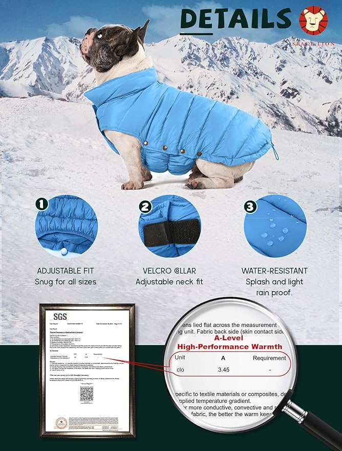 SPACE LION Dog Puffer Jacket, Down Winter Coat, Durable Outdoor Coat for Cold and Windy Conditions, Waterproof, Lightweight Jacket, Adjustable Fit for Small, Medium, Large Dogs(Blue,16/XL)
