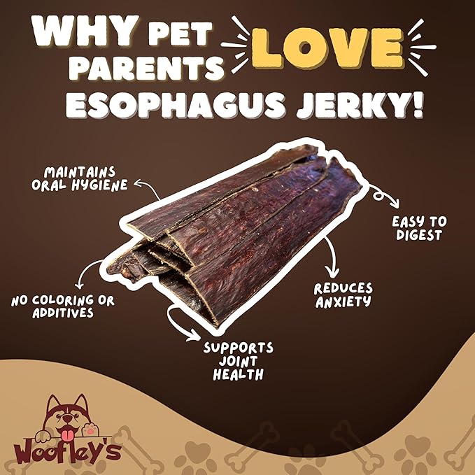 Woofley's - 10-12 Inch Esophagus Jerky (50 Count) - Gullet Sticks for Dogs - Safe Jerky Dog Chews -Easily Digestible Bully Sticks
