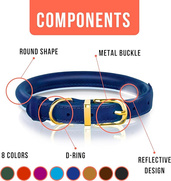 OOPSDOGGY Reflective Rolled Leather Dog Collar Adjustable Soft Padded Pet Collar for Small Medium Large Breed Dogs (Blue, L, 14"-18")