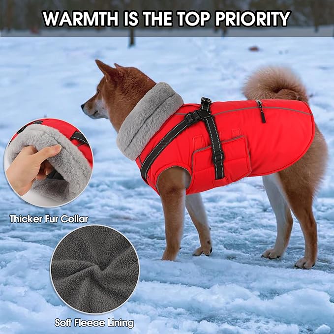 PETDSH Dog Coat Large, Built-in Harness Dog Jacket with Warm Fleece Lining, Waterproof Reflective Dogs Winter Coat, Pet Coats with Pocket and Trash Bags (Red, XX-Large)