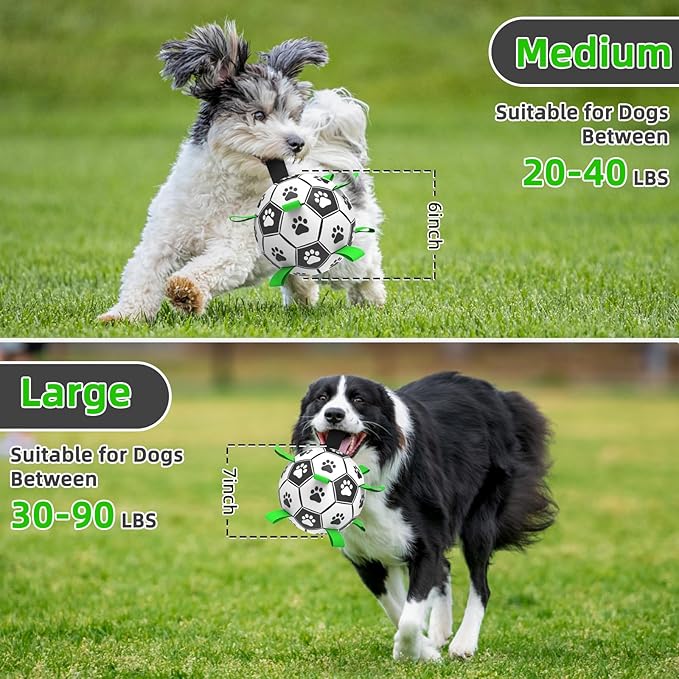 QDAN Dog Toys for Small Medium Puppy, Soccer Ball for Dogs with Straps, Dog Herding Balls, Birthday Toy Gifts, (Black Greem, 6 Inch)