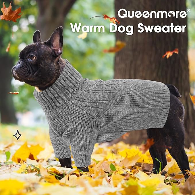 Queenmore Dog Sweaters for Medium Dogs,Soft Dog Sweater - Heavy Knitting Turtleneck Solid Pullover with Sleeve - Warm Winter Pet Coat for Casual Occasions/Christmas/Festive - Grey,M