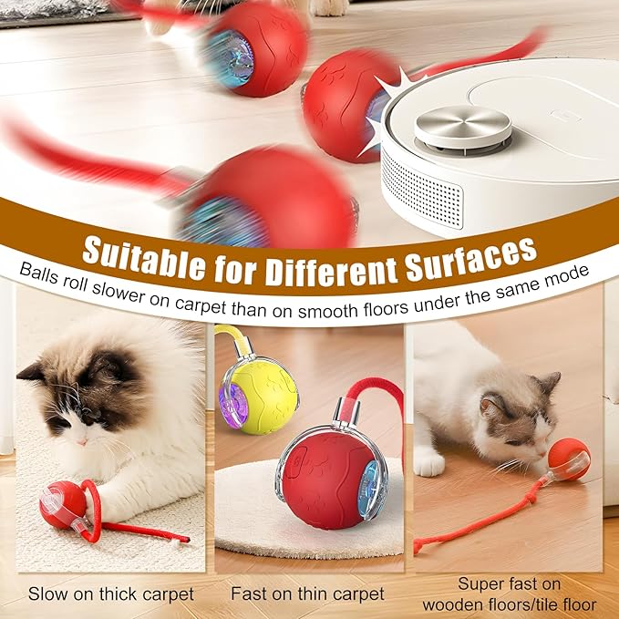 Interactive Cat Toys Ball for Indoor Cats, 2025 Newly Upgraded Automatic Rolling Balls, Moving Cat Ball with Elastic Mesh Tail, Kitten Toys for for Bored Indoor Adult Cats/Dog (Grey)