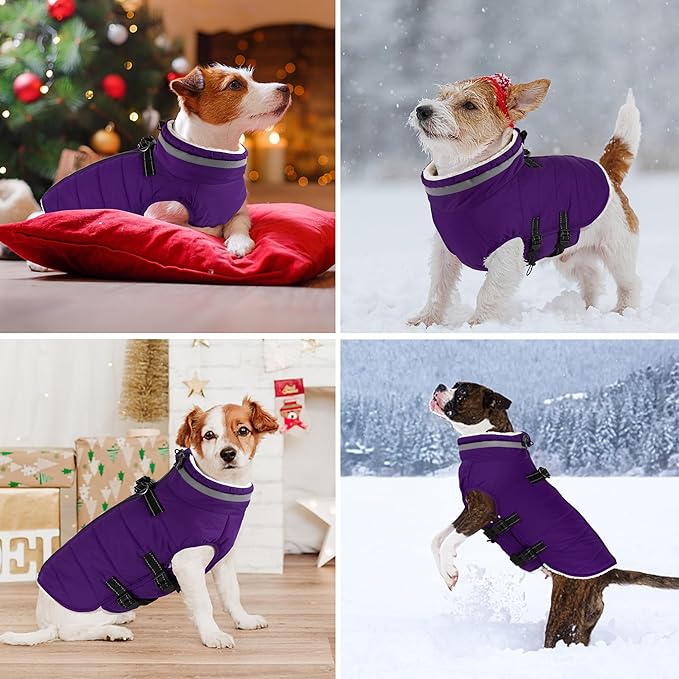 Dogcheer Dog Coat with Harness, Waterproof Dog Jacket Adjustable Pet Winter Coat with Zipper, Christmas Puppy Snow Jacket Fleece Sweater for Small Medium Large Dogs - Purple L