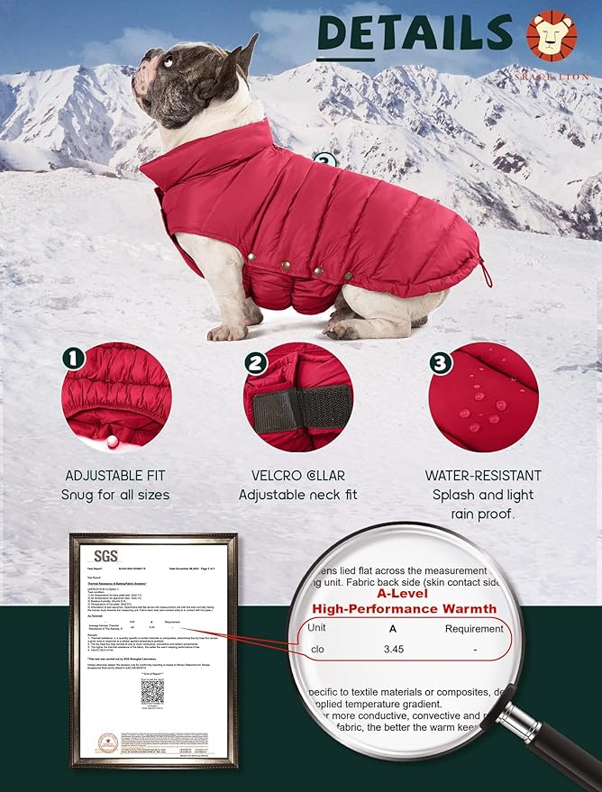 SPACE LION Dog Puffer Jacket, Down Winter Coat, Durable Outdoor Coat for Cold and Windy Conditions, Waterproof, Lightweight Jacket, Adjustable Fit for Small, Medium, Large Dogs(Red,8/XS)