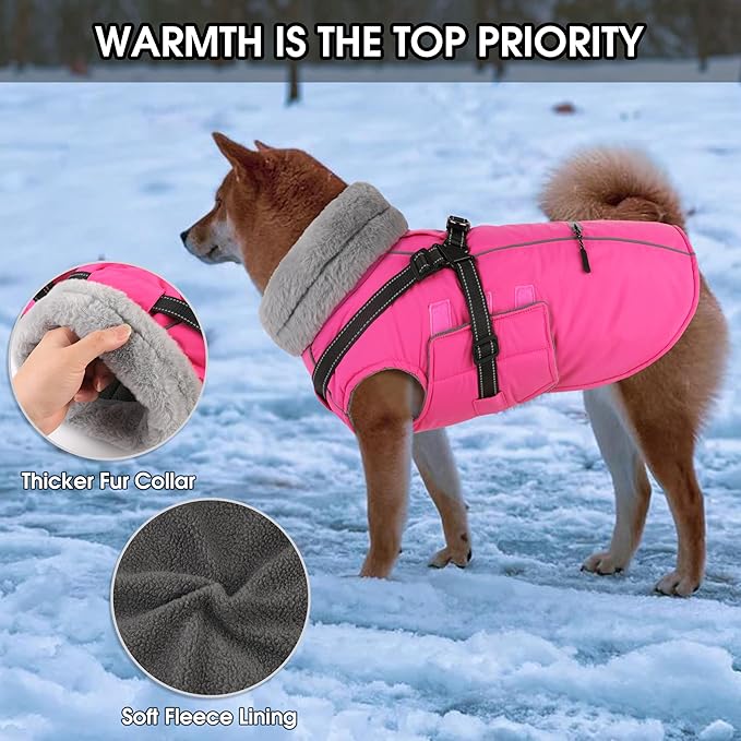 PETDSH Dog Coat Medium, Built-in Harness Dog Jacket with Warm Fleece Lining, Waterproof Reflective Dogs Winter Coat, Pet Coats with Pocket and Trash Bags (Pink, Medium)