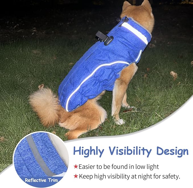 Malier Dog Coat, Reflective Dog Jacket Waterproof Windproof Puppy Cold Weather Coats with Harness Built in, Winter Extra Warm Pet Coat Fleece Vest for Small Large Pets and Puppy (Blue, Large)