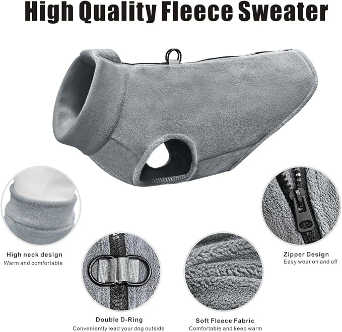 Idepet Dog Fleece Vest Sweater Zip Up Warm Pullover Dogs Jacket with D-Ring Leash Winter Cold Weater Coat Pet Sweatershirt Clothes Hoodie for Small Medium Dogs Boy Girl (Gray, XS)