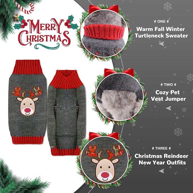 PETCARE Reindeer Christmas Dog Sweater Gray Cat Sweater Vest Cartoon Elk Pet Holiday Dog Clothes Puppy Sweaters for Small Medium Large Dogs Cats Fall Winter Outfits Xmas Dogs Costume,Medium