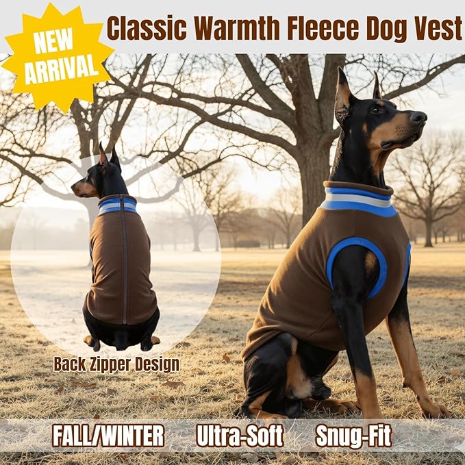 Winter Warmth Classic Turtleneck Vest Fleece Dog Clothes, Lightweight Coat for Extra Large Dogs with Back-Zipper, Thermal Doggie Vests Sweater with Reflective Strips for Great Dane Doberman(Brown,3XL)