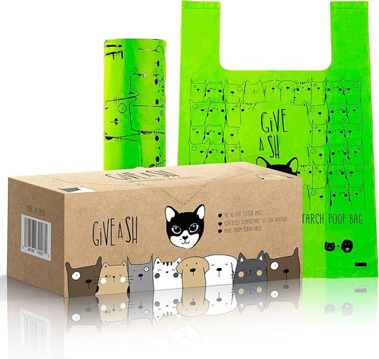 Certified Home Compostable Cat Litter Bags For Poop - 10% to Charity - Cornstarch-Based - For Cleaning Up Litter Trays - NF T51-800 Compliant - 90 Extra Large Disposable Bags