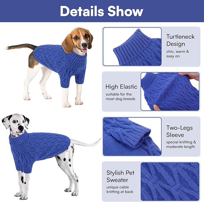 Queenmore Large Dog Sweater,Dog Sweaters for Large Dogs Male Female,Thanksgiving Fall Knit Sweater for Dogs,Turtleneck Thick DogSweaters,Knitwear Pet Clothes for Corgi,French Bulldog(Royal Blue,L)