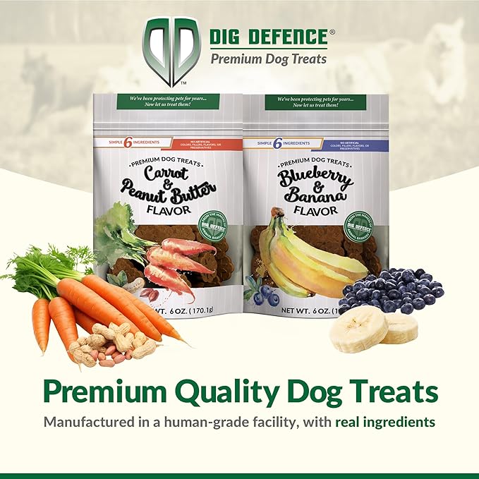 Dig Defence Premium Dog Treats - Carrot/Peanut Butter and Blueberry/Banana, Natural Ingredients, Baked Gourmet Snacks for Small & Big Dogs, Healthy Training Treat, 2 Pack