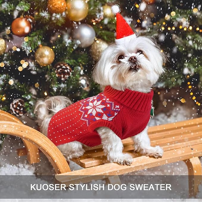 Kuoser Dog Sweater, Holiday Christmas Snowflake Pet Warm Knitwear Dog Sweaters Soft Puppy Clothing, Doggie Turtleneck Cold Weather Outfit Pullover for Small Medium Large Dogs Cats, Red S