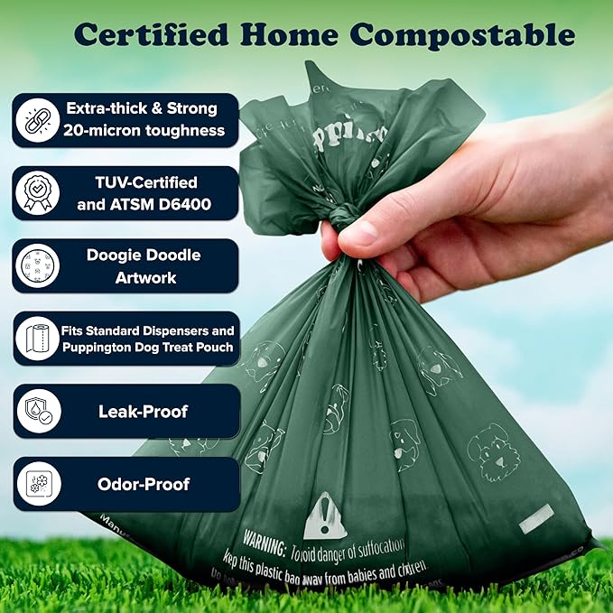 Puppington Certified Home Compostable Poop Bags - ASTM D6400 Compliant - 270 Extra Thick Bags - Plant Based - Pairs with Puppington 3-in-1 Bag & Fits all Standard Poop Bag Dispensers (Basil Green)