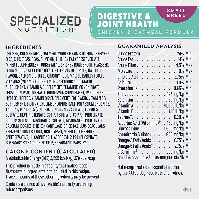 Natural Balance Specialized Nutrition Dry Dog Food with Chicken and Oatmeal for Dogs, Small Breed Digestive & Joint Health, Natural Ingredients with Added Vitamins & Minerals - 12 lbs
