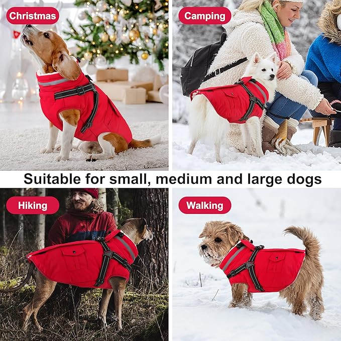 Dogcheer Dog Coat with Harness, Waterproof Warm Dog Winter Jacket with Pockets, Reflective Pet Fleece Jacket Turtleneck Snowsuit for Small Medium Large Dogs - Red, M