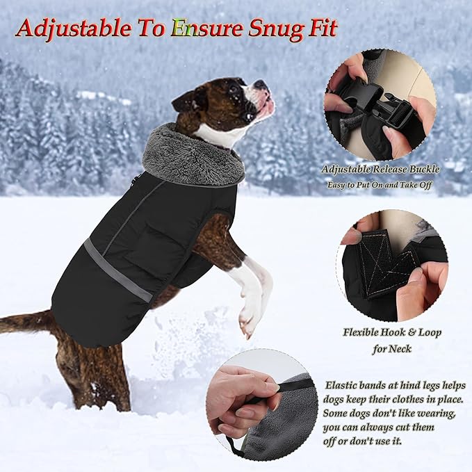 Dogcheer Warm Dog Coat, Waterproof Dog Jacket Christmas Puppy Winter Coat with Buckle, Reflective Adjustable Pet Snow Jacket Turtleneck Fleece Sweater for Small Medium Large Dogs - Black, 2XL