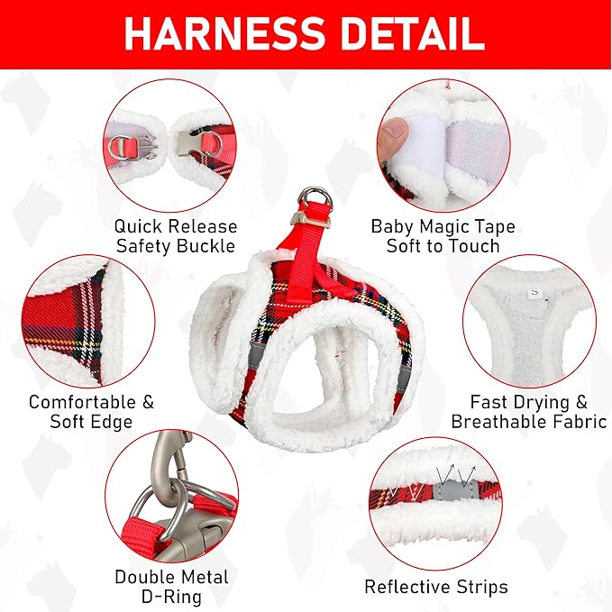 GAMUDA Small Dog Harness Collar and Leash Set, Step in No Chock No Pull Soft Mesh Adjustable Dog Vest Harnesses Plaid Reflective for Dogs Puppy Cats Kitten Rabbit (Warm Red, M)