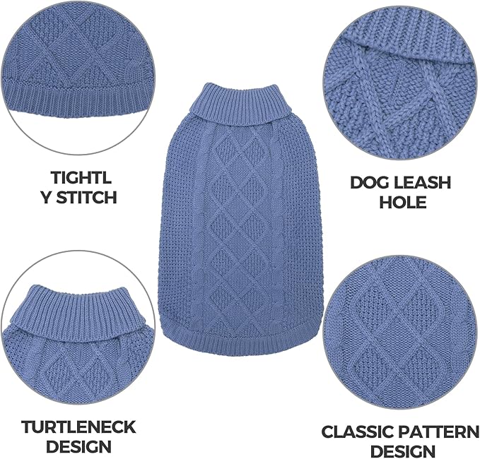 Mihachi Turtleneck Dog Sweater - Winter Coat Apparel Classic Cable Knit Clothes with Leash Hole for Cold Weather, Ideal Gift for Pet in New Year Grayish Blue S