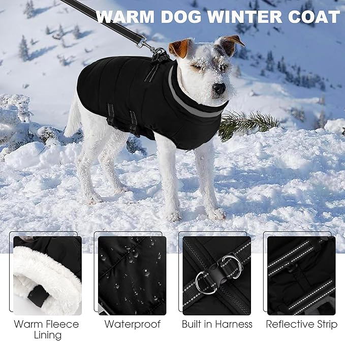 Small Dog Coat with Harness Built-in, Waterproof Reflective Fleece Lined - Warm Windproof Winter Jacket with Back Zipper, Cold Weather Snow Dog Coats - Black - XS