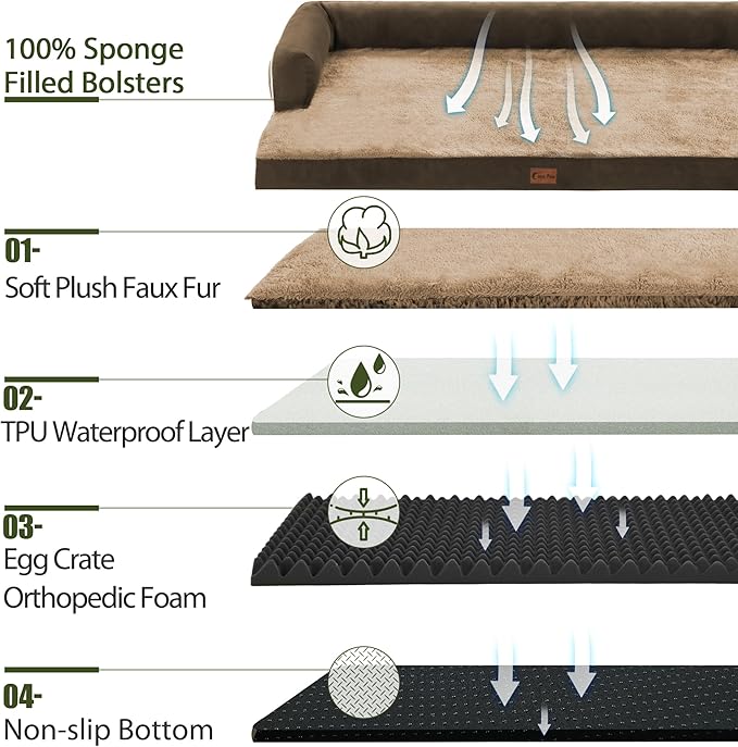 Orthopedic Dog Beds for Extra Large Dogs, Waterproof Egg Crate Foam XL Dog Bed with Sides 45 * 35Inch, Big Dogs Couch Beds with Removable Washable Cover and Nonskid Bottom, Brown