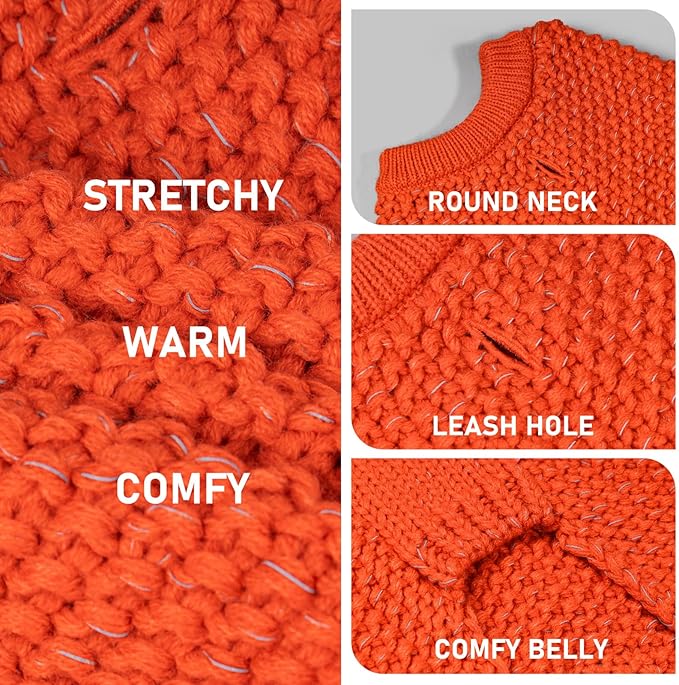 KYEESE Dog Sweater for Large Dogs with Leash Hole Warm Pullover with Reflective Yarn Male Thick Stretchy Knitwear Winter Soft Pet Coat boy for Cold Weather Comfy Dog Sweaters,Orange, XX-Large