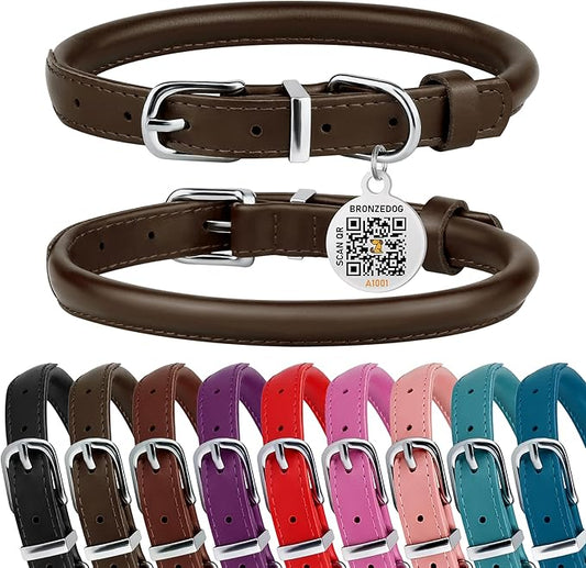 BRONZEDOG Rolled Leather Dog Collar for Small Medium Large Dogs with QR ID Tag (S: 12-14 Inch, Coffee Brown)