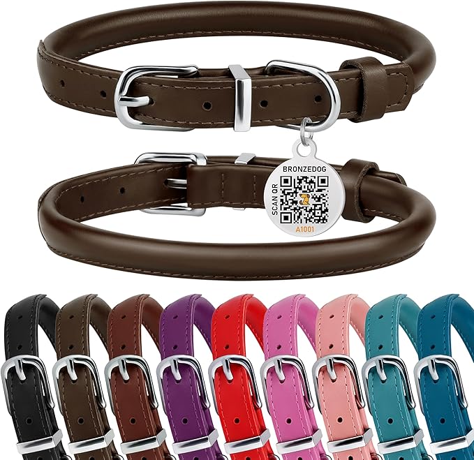 BRONZEDOG Rolled Leather Dog Collar for Small Medium Large Dogs with QR ID Tag (M: 14-16 Inch, Coffee Brown)